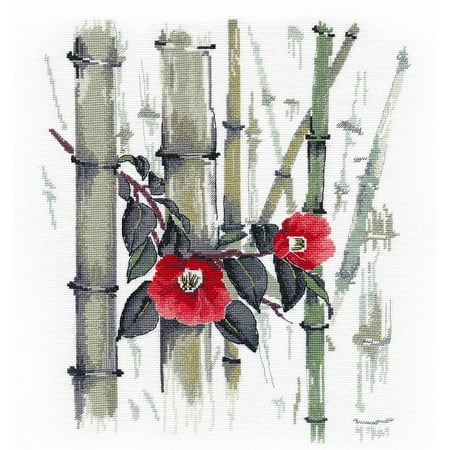 UPC: 4680021531521 | Counted Cross Stitch Kit Camellias In Bamboo Grove 1268 Needlework Easy Small Green Nature Red Flowers By Oven Canvas Cotton Embroidery