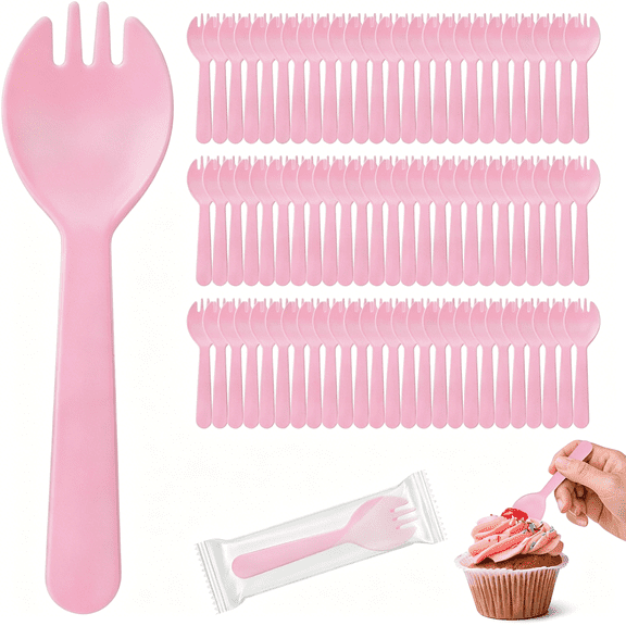 ACDANC 100Pcs Mini Pink Plastic Spork,4.2 Inch Individually Wrapped Disposable Cutlery,Small Fork Spoon Combo for Desserts,Ice Cream,Cakes,Appetizer,To-Go&Party Use