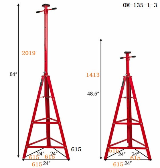 Kojem 2 Ton Under Hoist Tripod Stand for Garages Repair Shops Adjustable Height High Lift Jack Stand 55-5/8" - 79-1/2" Hoist Jack Stand Red Powder Coated Heavy Duty Steel