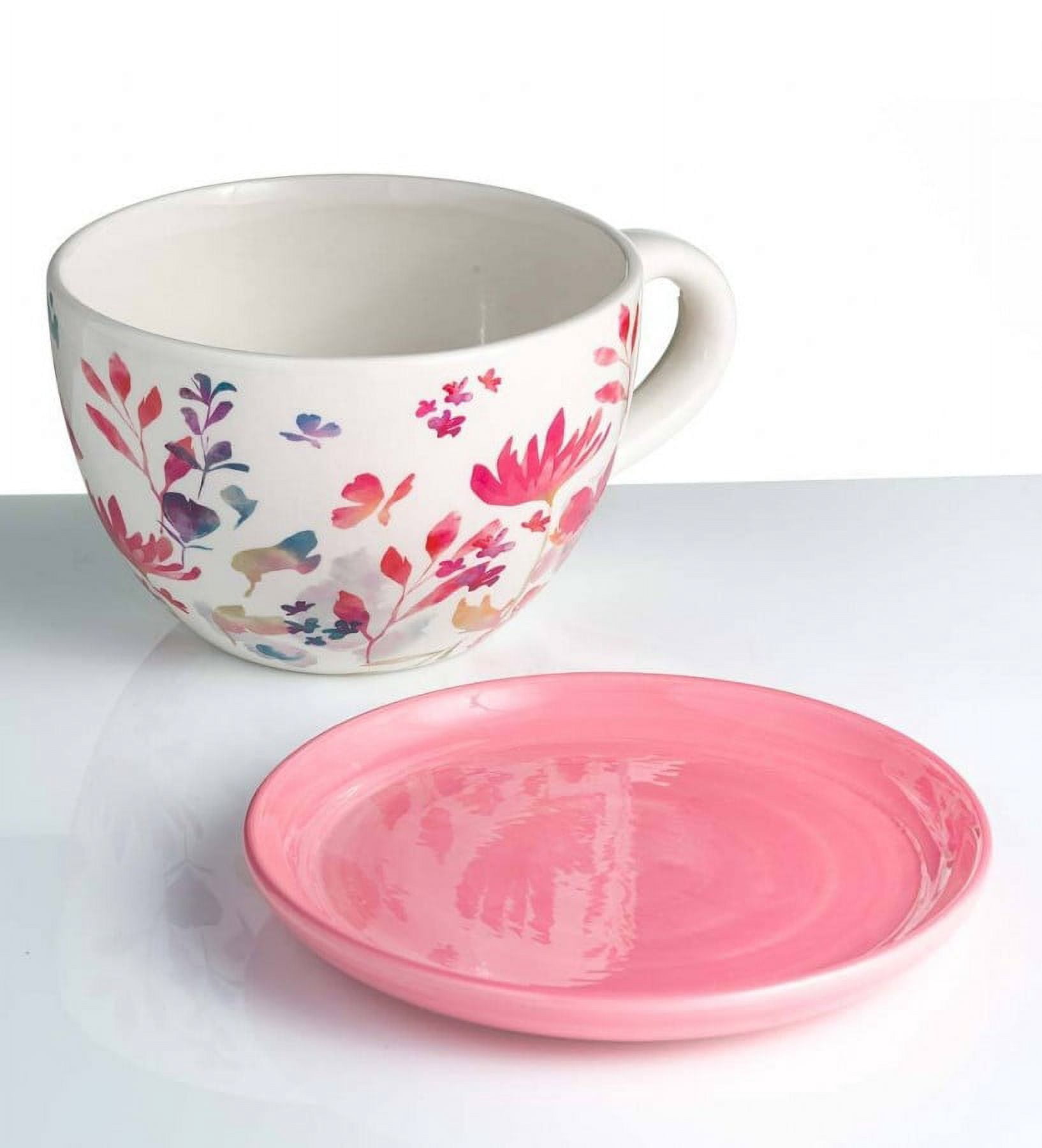Plow & Hearth Ceramic Floral Tea Cup Indoor/Outdoor Planter with Saucer - Pink