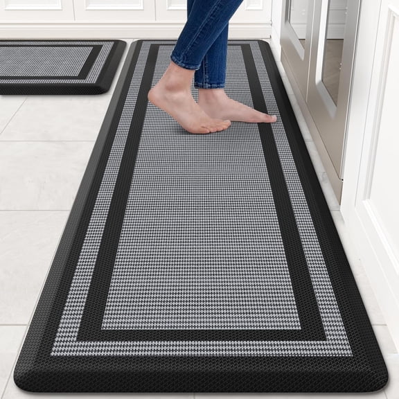 [2 PCS] Kitchen Rugs Cushioned Anti-Fatigue Kitchen Mats for Floor Waterproof Kitchen Rug Set Non-Slip Comfort Standing Mat for Office, Sink, Laundry 17.3"x28" 17.3"x60", Black