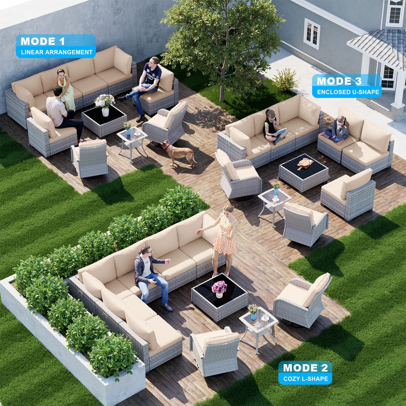 10-Piece Patio Furniture Set, Outdoor Patio Furniture with Swivel Chairs Set, Thick Cushions, Modular Patio Sofa, Dual-Strand Wicker Rattan, Rust-Resistant Frame, Khaki