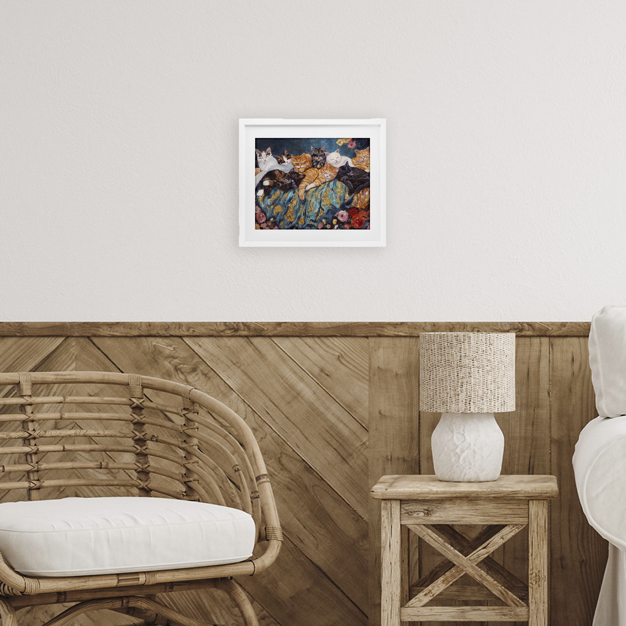 Sleepy Kitty Crowd with Flowers White Framed Print Under Glass, design by Sara Culpepper