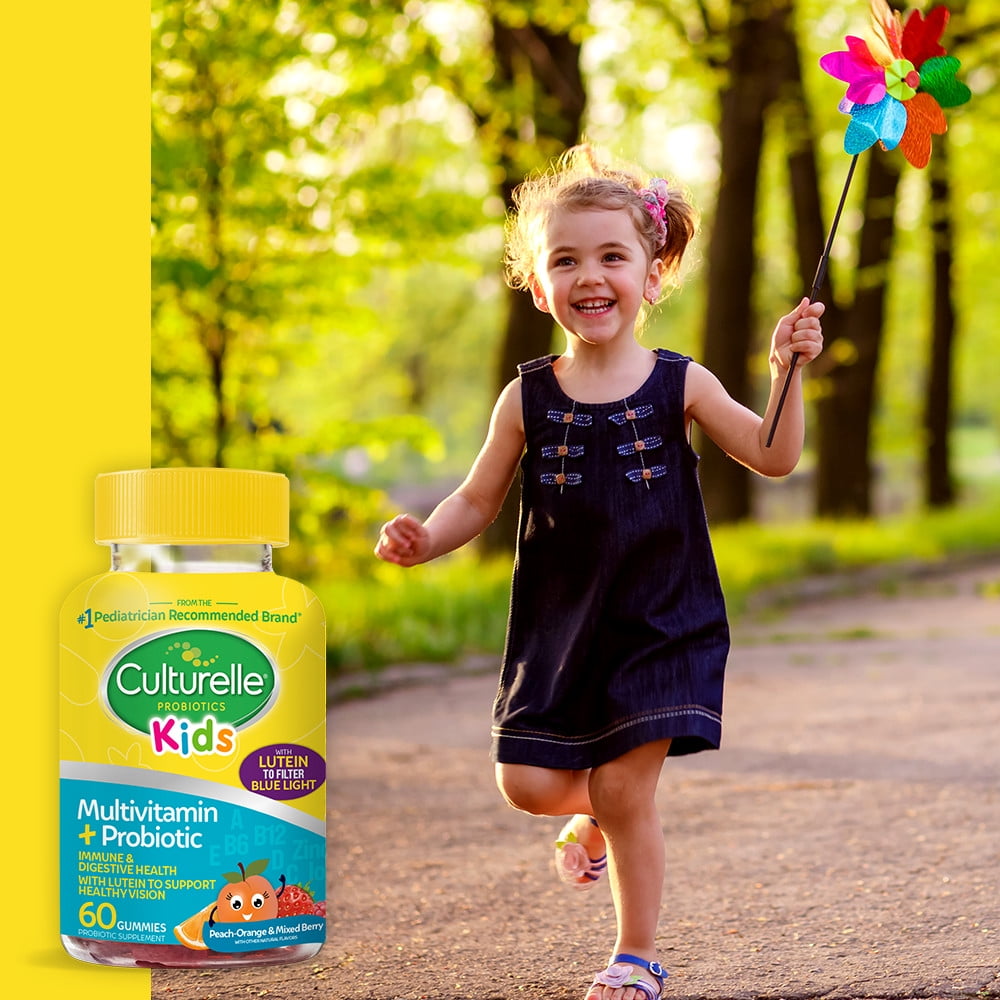 (3 pack) Culturelle Probiotics Kids Multivitamin + Probiotic Daily Gummies Supplement, Immunity & Digestion Support for Children, Made with Lutein, Peach-Orange & Mixed Berry Flavor, 60 Count