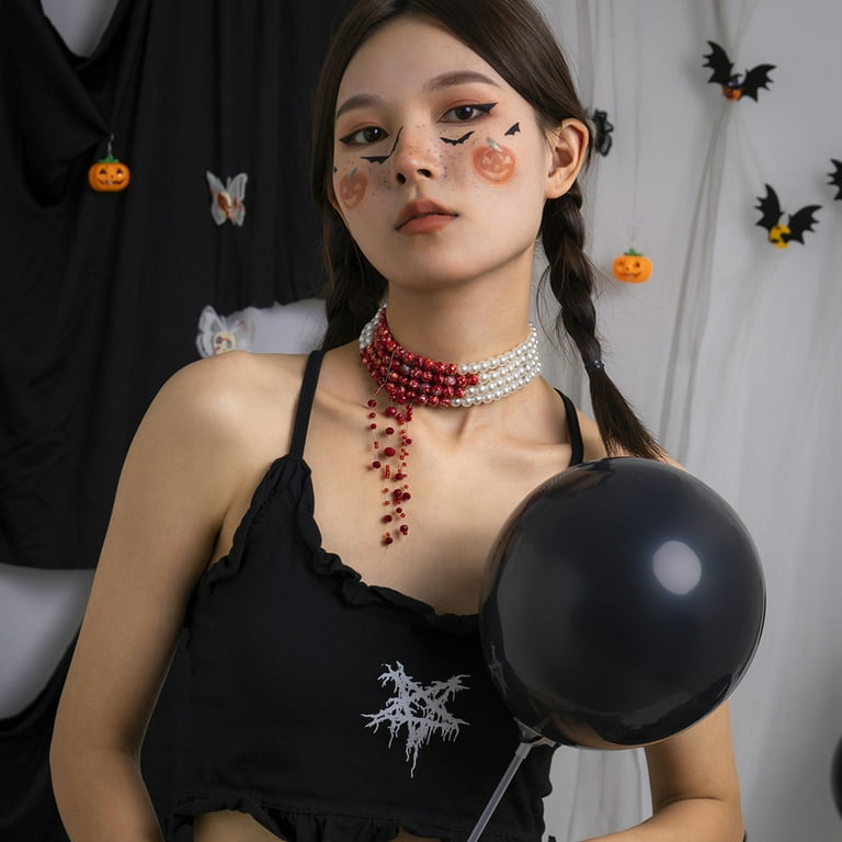 Biplut Halloween Jewelry Gothic Style Blood Pattern Imitation Pearl Necklace Earrings Bracelet Thigh Chain Fashion Multi layer Beaded Necklace Gothic