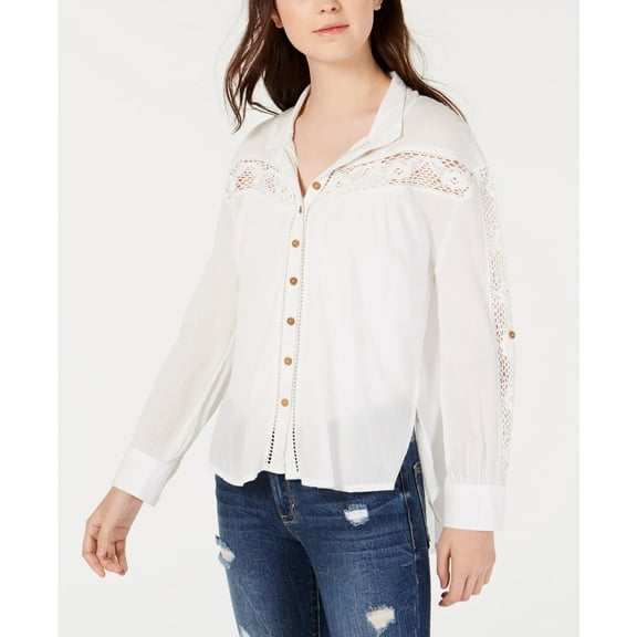 American Rag Juniors Crochet-trim Shirt,Egret,L