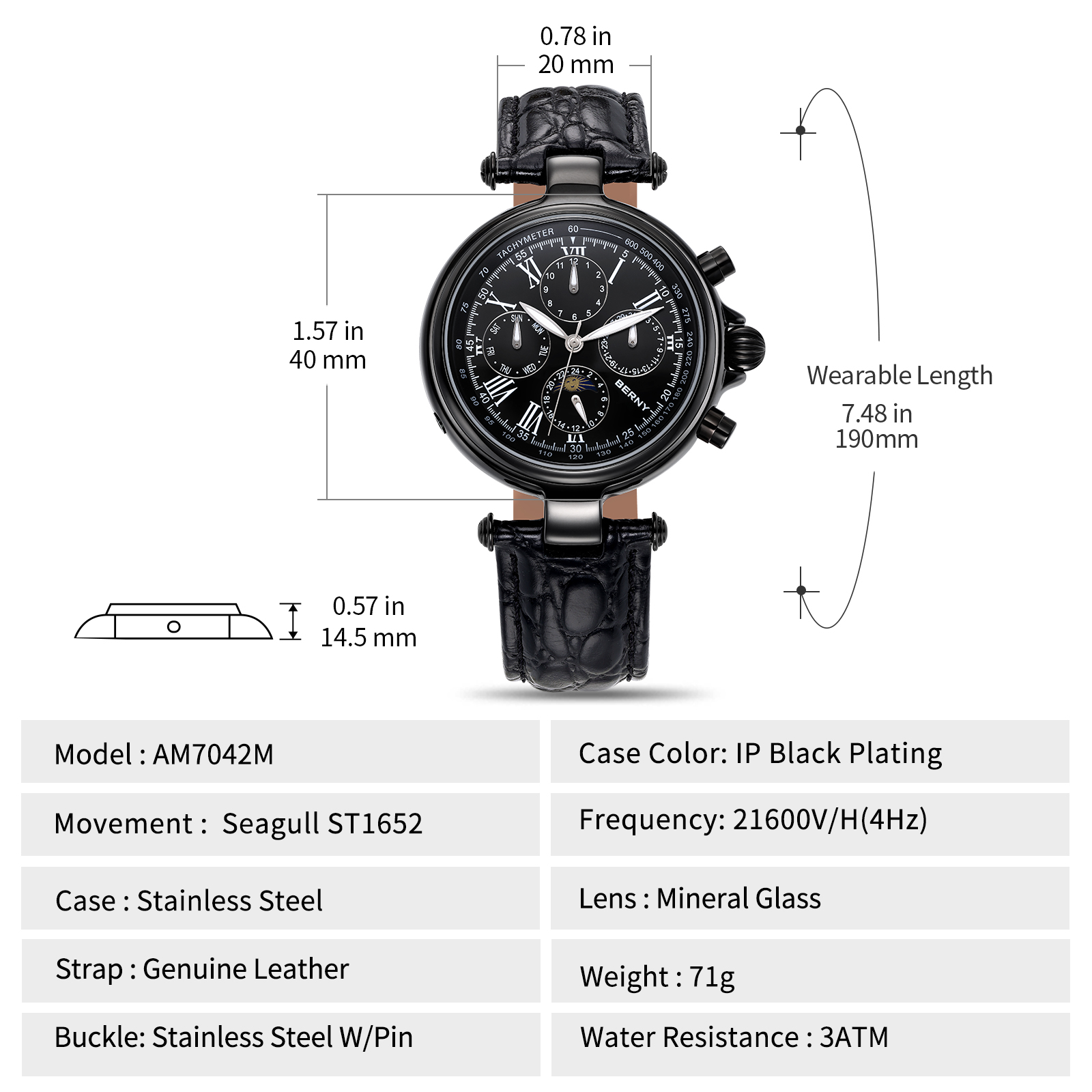BERNY Automatic Watch for Men Classic Mechanical Self Winding Wristwatch 3ATM Waterproof Multi-Functional Dials Date, Week, Month and Moon Phase