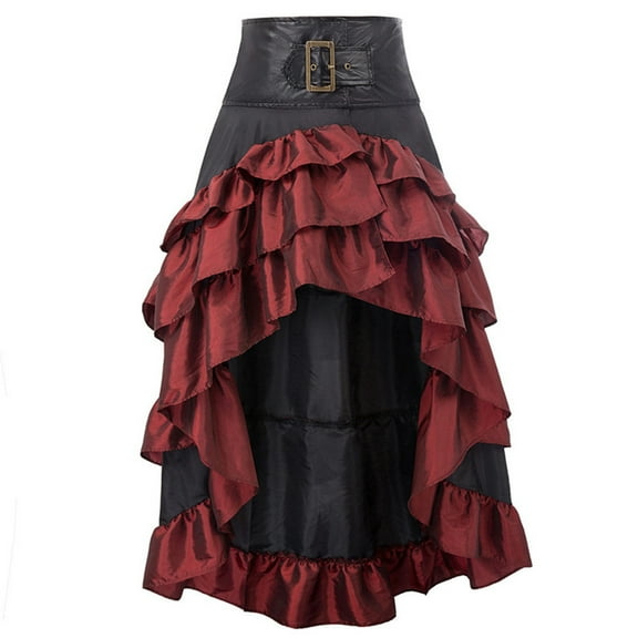 Ladies Retro Halloween Party Skirt with Front Short Back Long Asymmetrical Ruffle Hem Patchwork Design