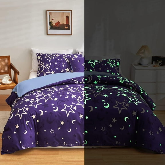 Fluorescence Duvet Cover Set, Fantastic Luminous Moon Star Individuality Unique Soft Microfibre Blue Quilt Covers Dream Noctilucent Bedding for Teens man women king