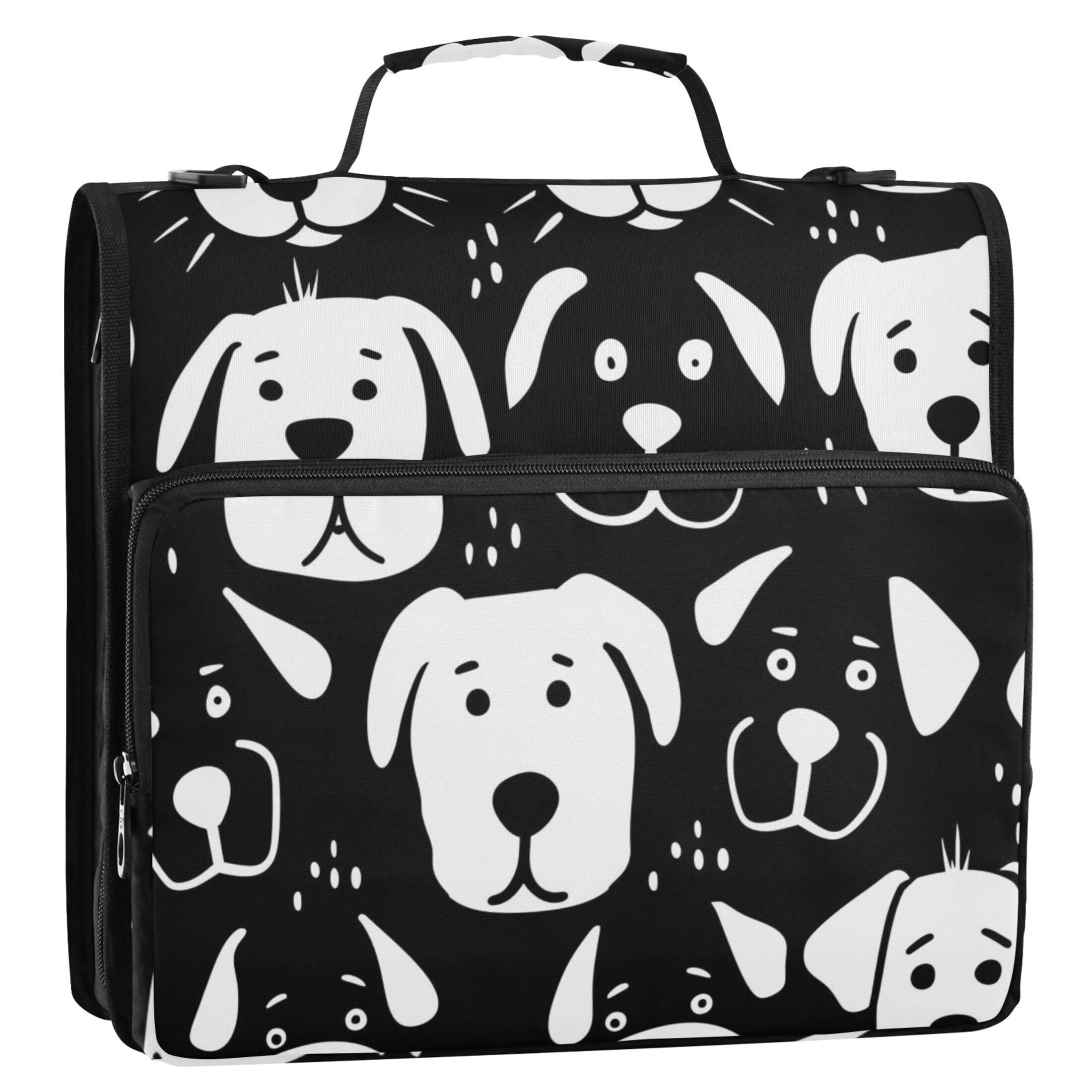 3 Ring Zipper Binder with Shoulder Strap Waterproof Trapper Keeper 2 Inch D-Ring 500 Sheets Capacity Black White Dog Face