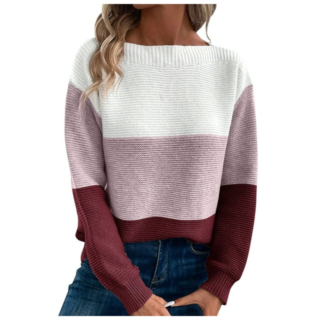 GDREDA Fall Sweaters Round Neck Striped Cute Winter Pullover Sweaters for Women Trendy 2024 Drawstring Light Pink,M