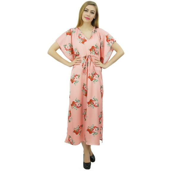 Bimba Floral Peach Satin Kimono Long Bridesmaid Cover Up Drawstring Kaftan - 4