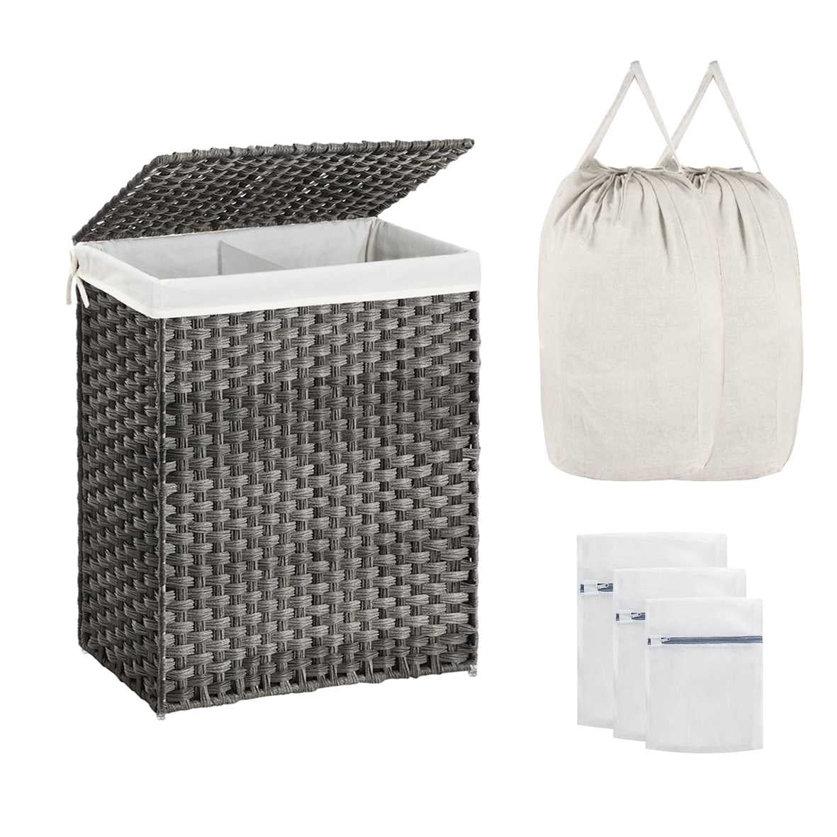 Double Laundry Hamper with Lid, 110L Capacity, 2 Removable Washable Liners & 6 Mesh Bags, Steel Frame & Wicker Design for Bathroom, Bedroom, Darks & Whites Sorting, Gray