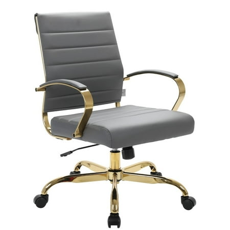 UPC: 0765531573620 | LeisureMod Benmar Mid-Back Swivel Leather Office Chair With Gold Frame in Grey