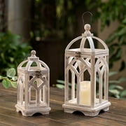 Nuptio Wood Lanterns Decorative Indoor & Outdoor - 12 / 16 Set of 2 Farmhouse White Wooden Candle Holder Lanterns for Wedding Centerpiece Fireplace Mantle Patio Outdoor Decor