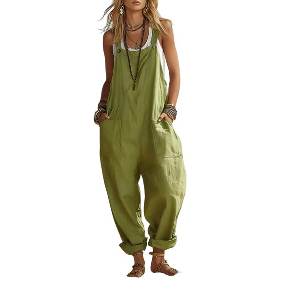 Women's Fashionable Casual Loose-Fit Plain Sleeveless Jumpsuit With Patch Pockets, Size S-2XL