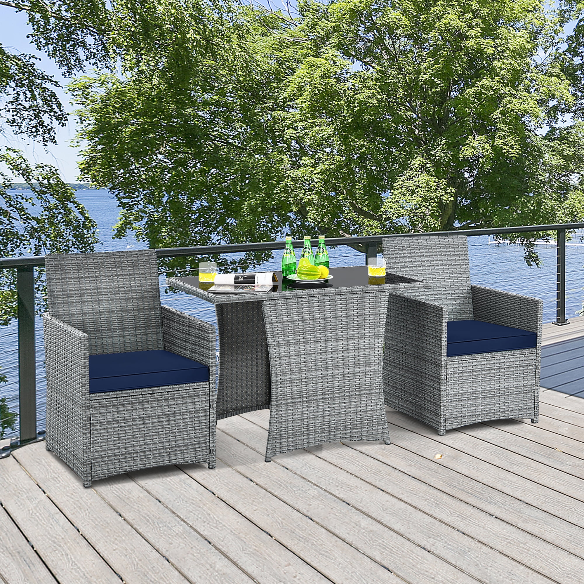 Costway 3PCS Patio Rattan Furniture Set Cushioned Sofa Armrest  Garden Navy
