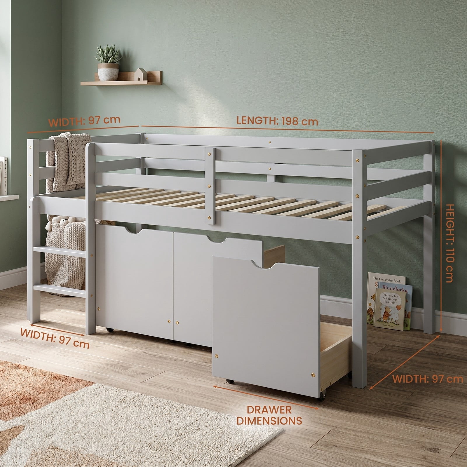 Furnibear Twin Size Low Loft Bed with 3 Drawers and Full-length Guardrails for Kids Bedroom, Wood Loft Bed with Storage and Ladder, Gray
