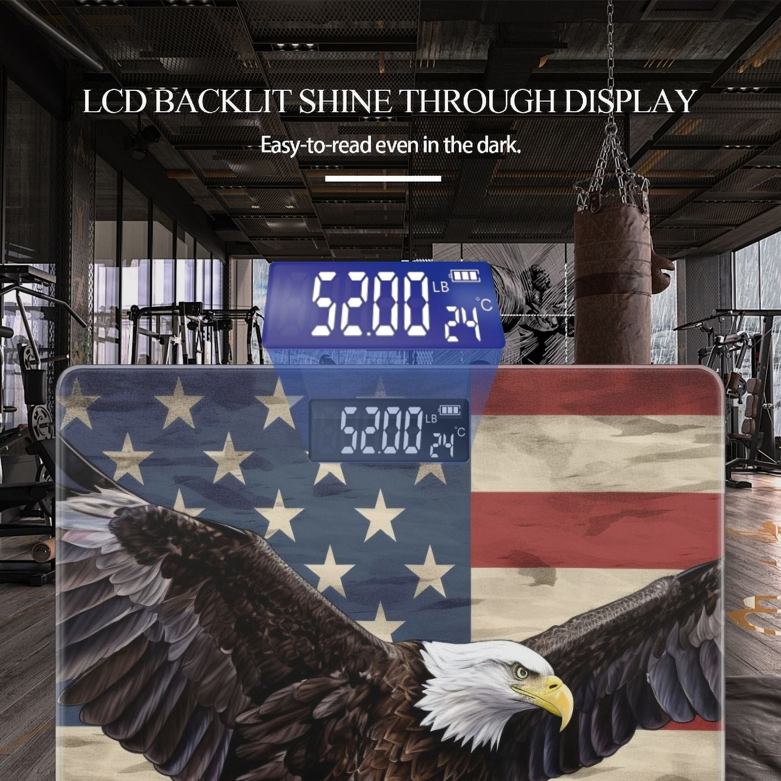 Bathroom Scale, Highly Accurate Digital Body Scale,Precisely Measures Weight up to 400 lbs-Bald Eagle With Spread Wings Flying In Front Of American Flag