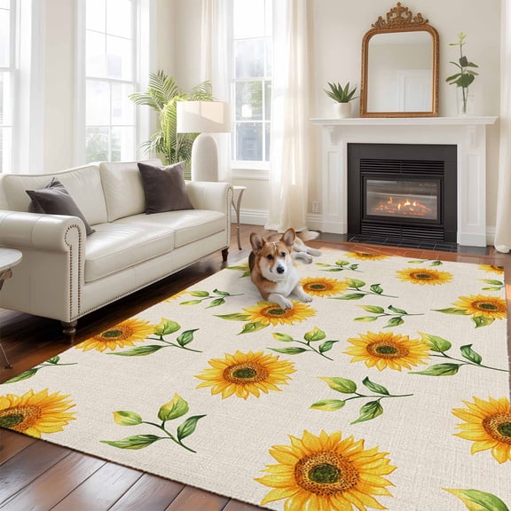 5'x8' Area Rugs, Sunflower Indoor Outdoor Area Rug for Living Room Bedroom, Country Pastoral Spring Watercolor Garden Motifs Washable Bathroom Rugs Kitchen Floor Carpet Mats Home Decor Aesthetic