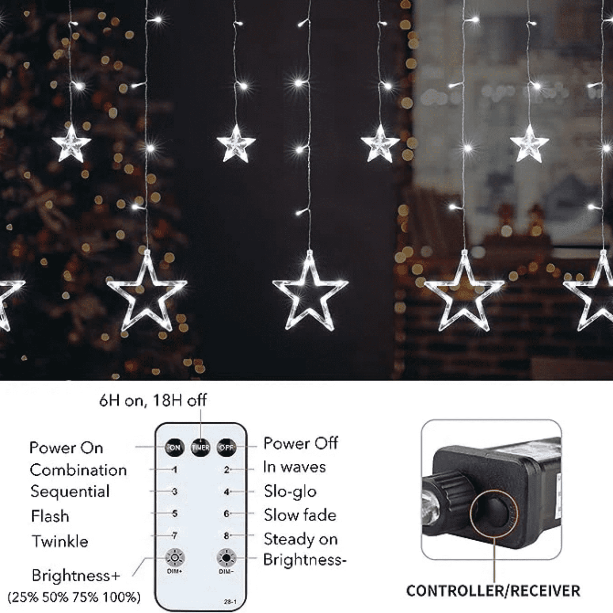 Elegani 138 LED Star Curtain Light – White Hanging String Lights with 12 Stars, 8 Lighting Modes