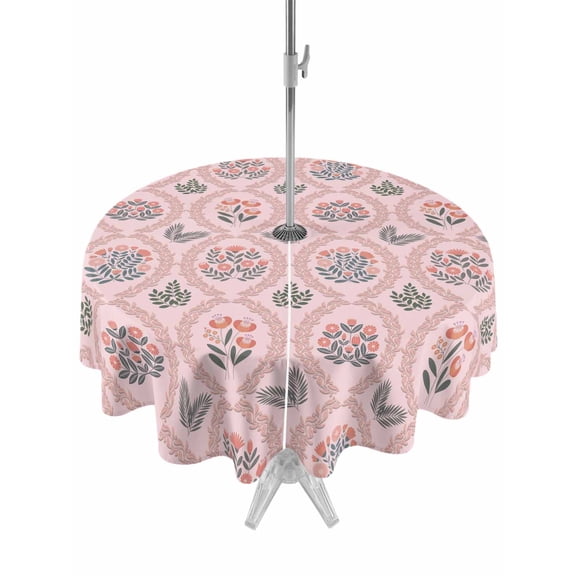 Outdoor Tablecloth with Umbrella Hole and Zipper, Vintage Flower Pattern Round Table Cloth 60 Inch Waterproof Tablecloth, Spring Floral Leaves Plants Pink Picnic Table Cover for Patio Camping