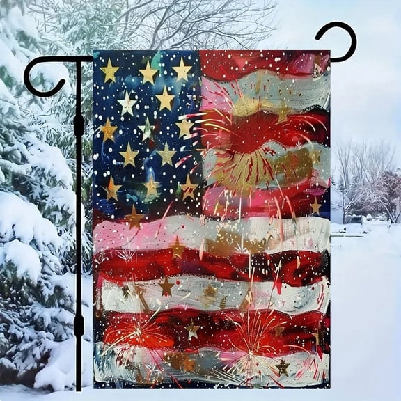 RKSupls Patriotic Linen Double Sided Garden Flag, Independence Day Themed Yard Decor, Golden Fireworks Flag Glamour Outdoor Banner for Holiday Lawn