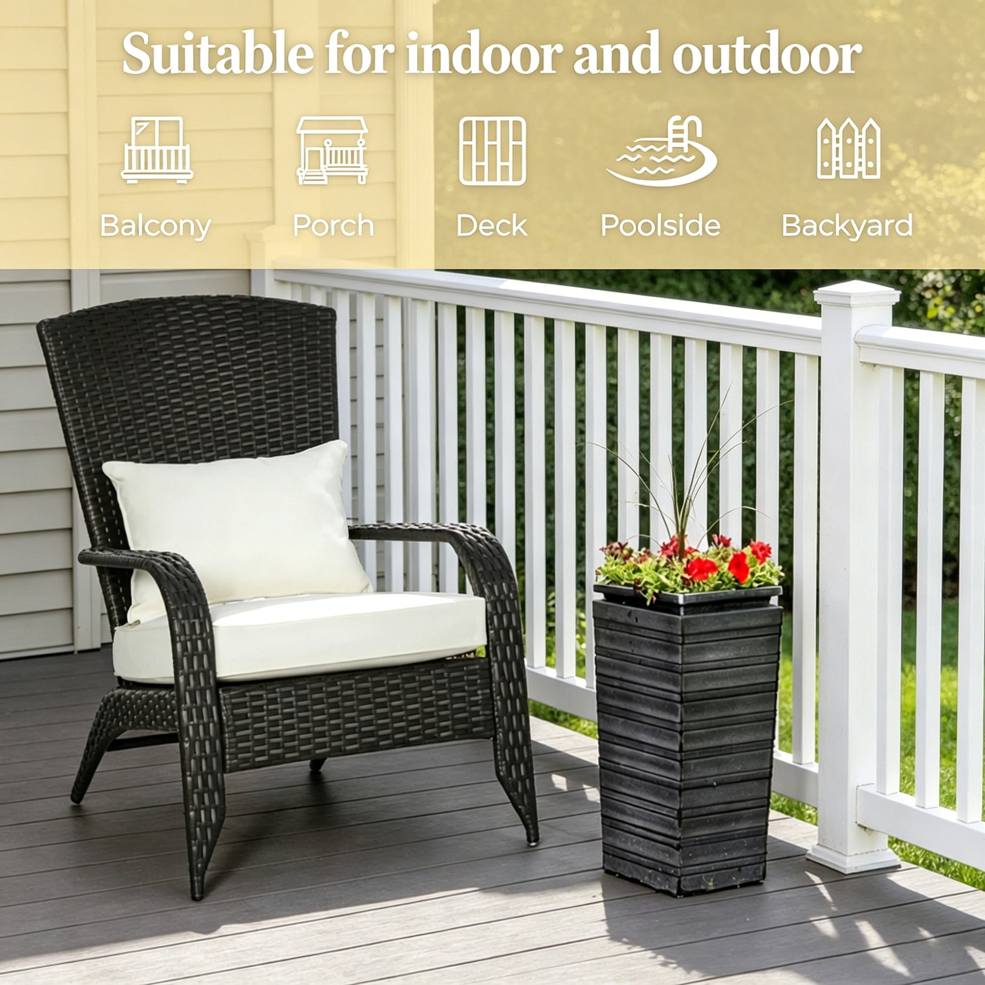 Weather Resistant PE Wicker Adirondack Chair with Zipper Removable Cushions, Steel Frame Curved Tall Back Patio Pool Porch Rattan Lounge Chair Holds 265 LBS