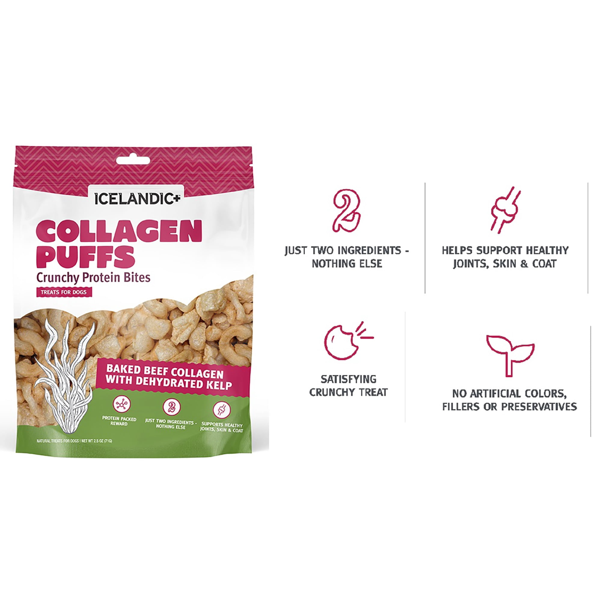 Icelandic+ Collagen Puffs: Baked Beef Collagen W/ Dehydrated Kelp 2.5oz - Treats For Med-Lg Dogs, Crunchy Protein Bites