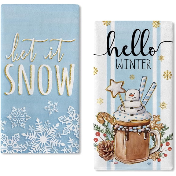 Hello Winter Blue Kitchen Dish Towels Set of 2, Let It Snow Hot Cocoa Snowman Snowflake Hand Towels Drying Baking Cooking Cloth, Christmas Holiday Seasonal Home Kitchen Decor 18 x 26 Inch