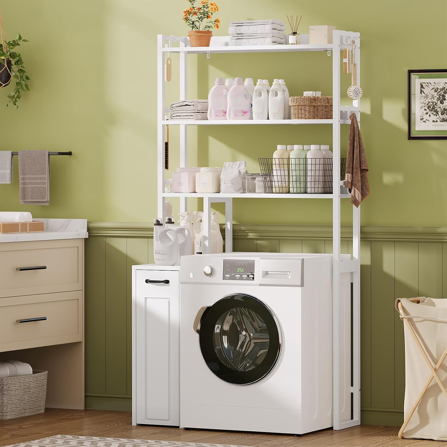 Weiplehoom Over the Toilet Storage Cabinet with Wheeled Drawer Trolley & 3-tier Open Shelves, Bathroom Organizer with 6 Hooks, Storage Rack for Restroom, Bathroom, Laundry, Plant Stand, White
