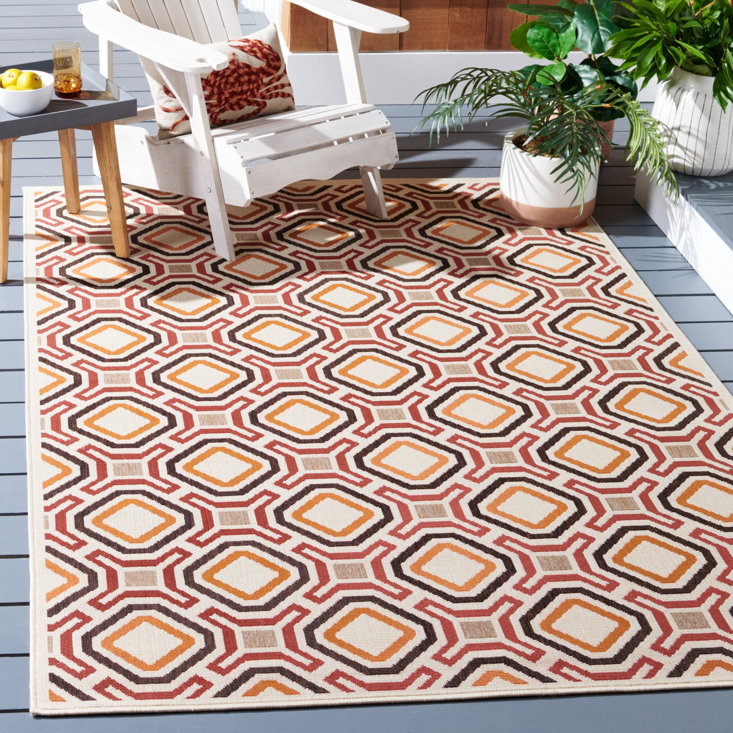 SAFAVIEH Veranda Jantar Geometric Indoor/Outdoor Area Rug, 5'3" x 7'7", Cream/Red