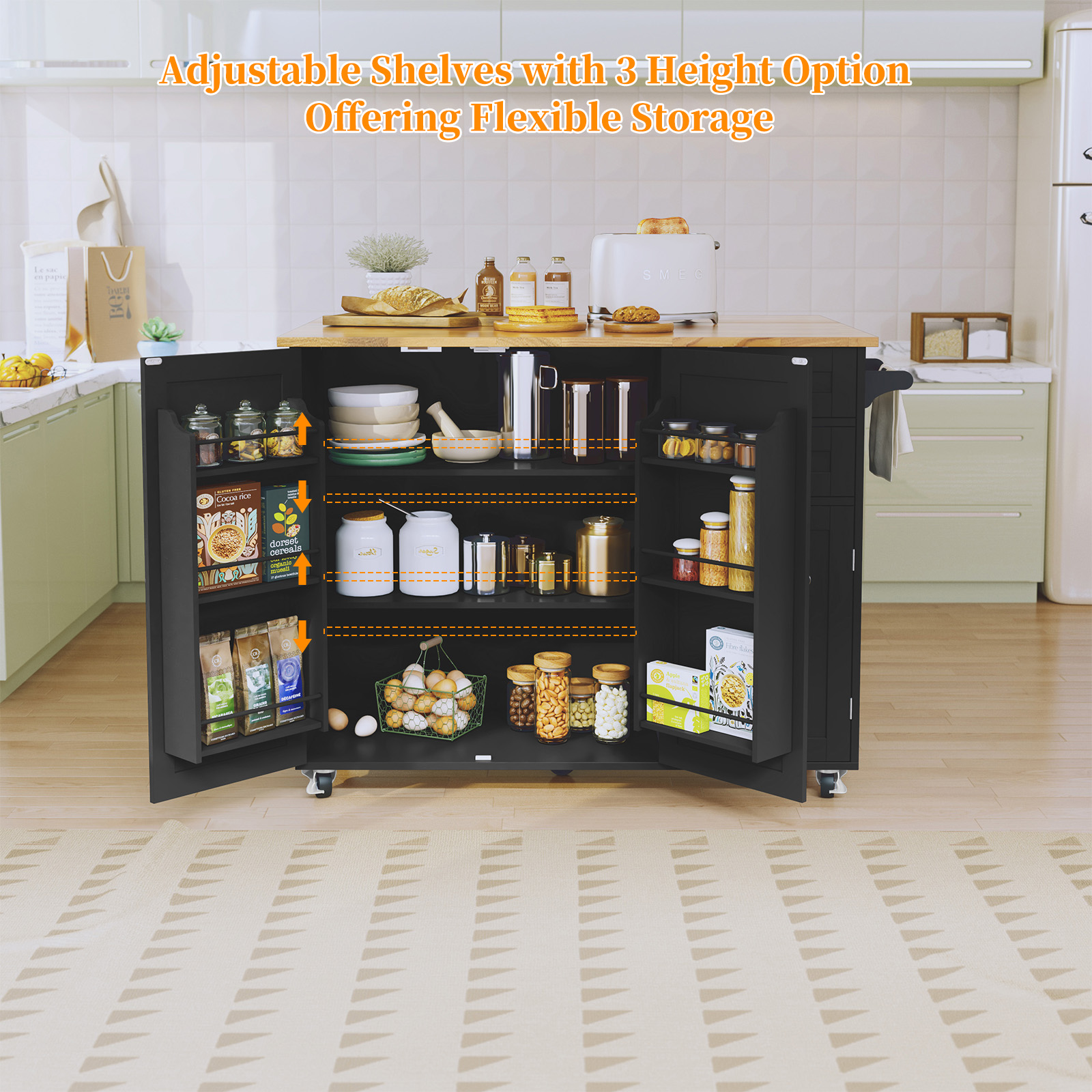 CBJCBJ 50.4" Kitchen Island with Storage, Wood Top Cart with Drop Leaf and Wheels, Black