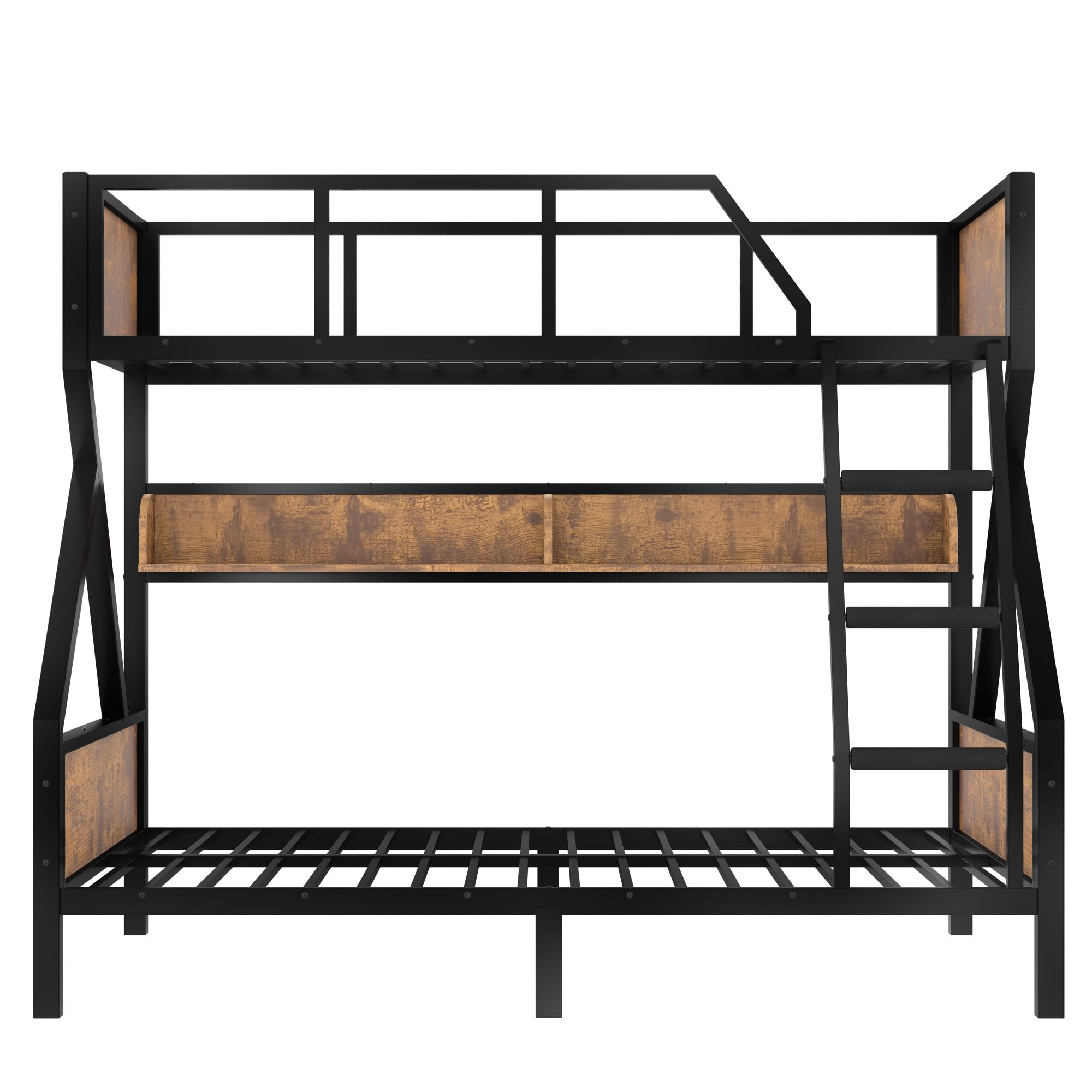 Aukfa Twin Over Full Metal Bunk Bed with Storage Shelves & LED Lights, Heavy-Duty X-shape Frame for Kids & Adults, Space-Saving, Black