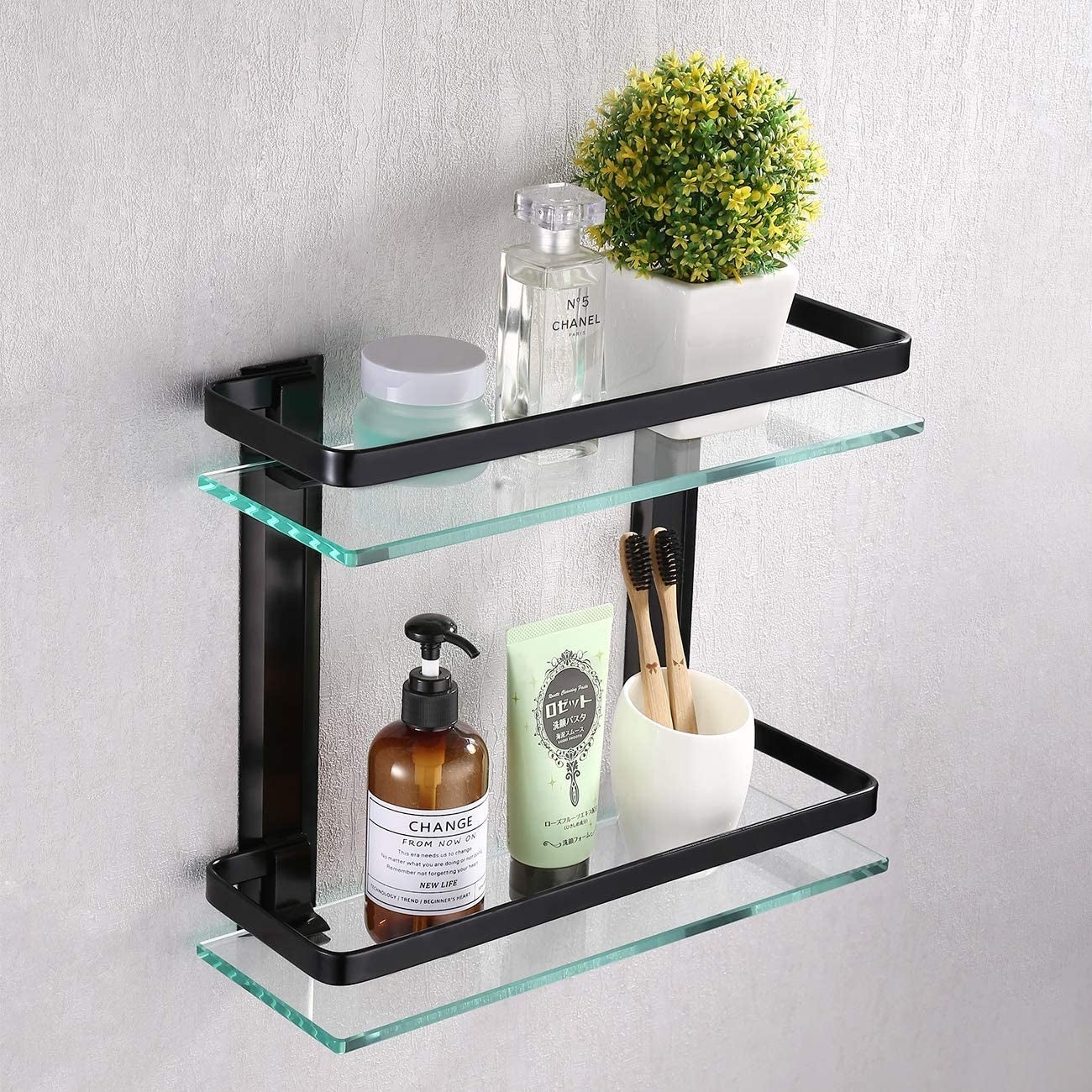Wall Mount 2-Tier Black Bathroom Glass Floating Shelf Black - Walmart.com
