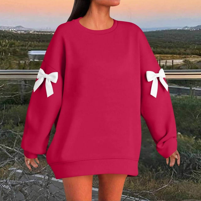 Timegard Chandails en Molleton Grande Taille pour Femmes Col Rond Manches Longues Chandail Mignon Ample Nœud Papillon Hauts Surdimensionnés