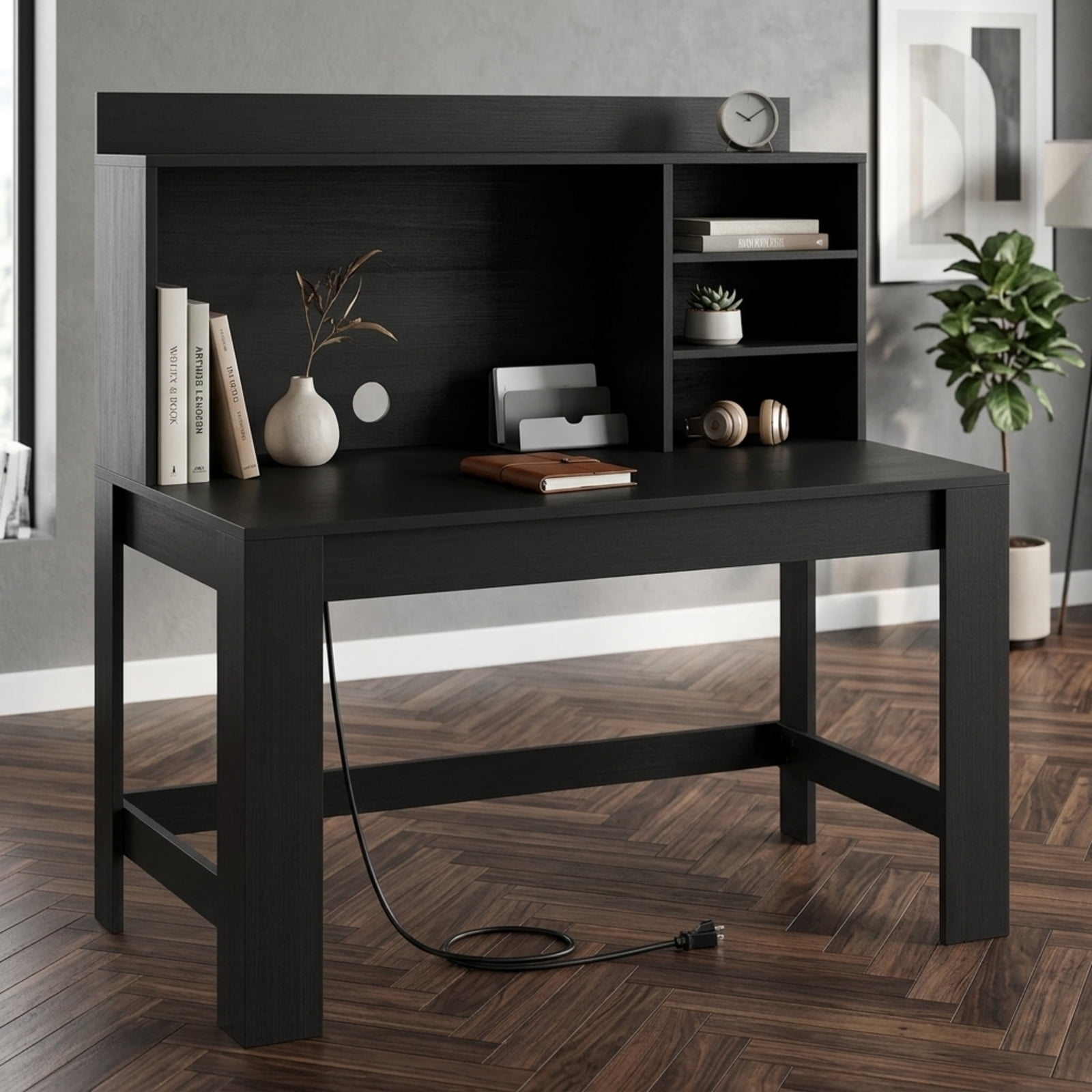 Furnibear Modern Computer Desk with Hutch and Home Office Desk with Storage Shelves Charging Station and USB Ports for Study and Bedroom, Black