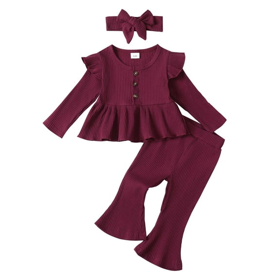 Kucnuzki 18 Months Infant Baby Girls Outfit Set 24 Months Winter Clothes Ruffle Long Sleeves Solid Color Knitted Top Flared Pants with Headband 3pcs Warm Clothing Outwear Red