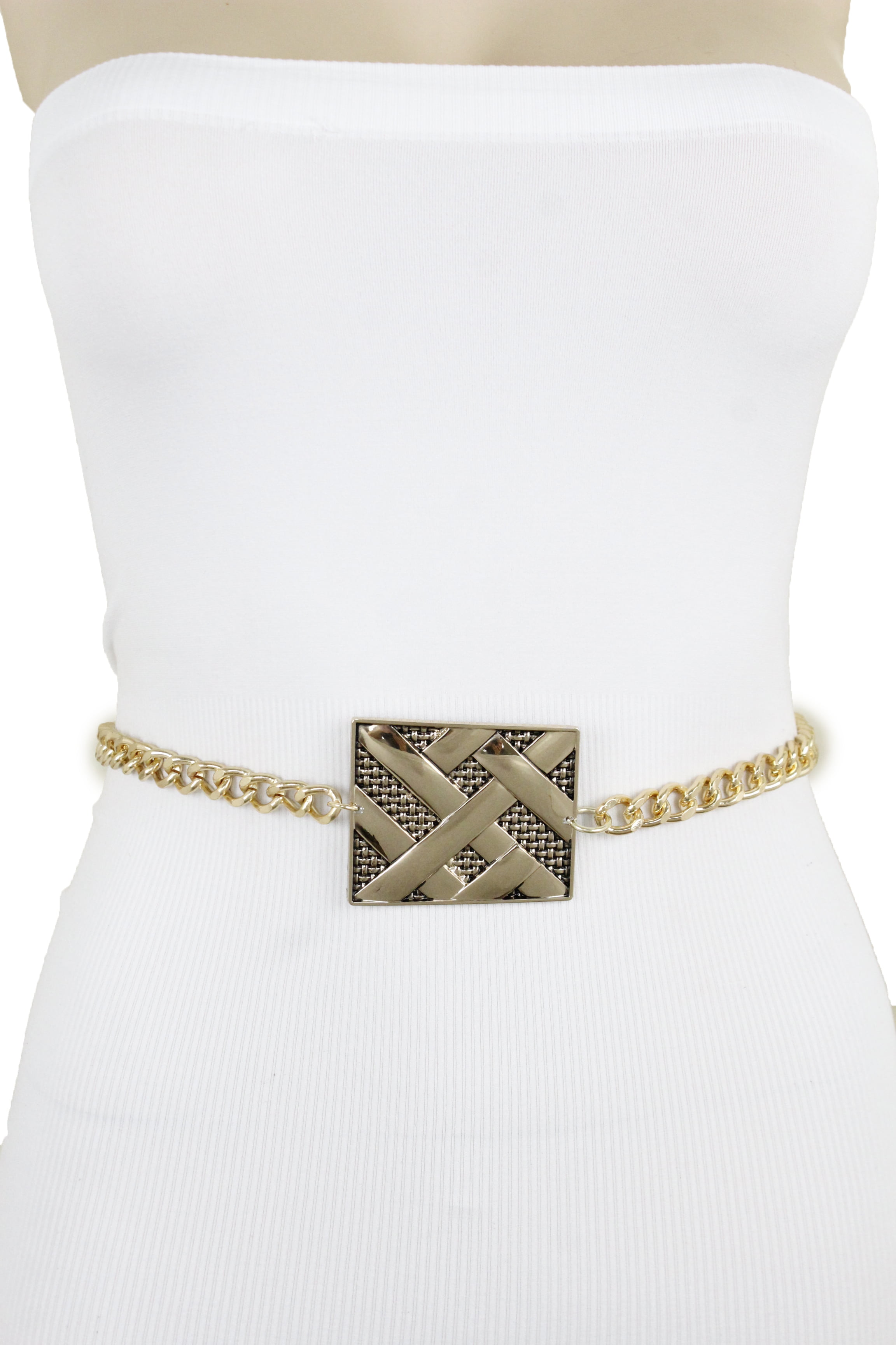 Fancy Women Gold Metal Chain Skinny Belt Bling Western Charm Buckle Plus XL XXL 