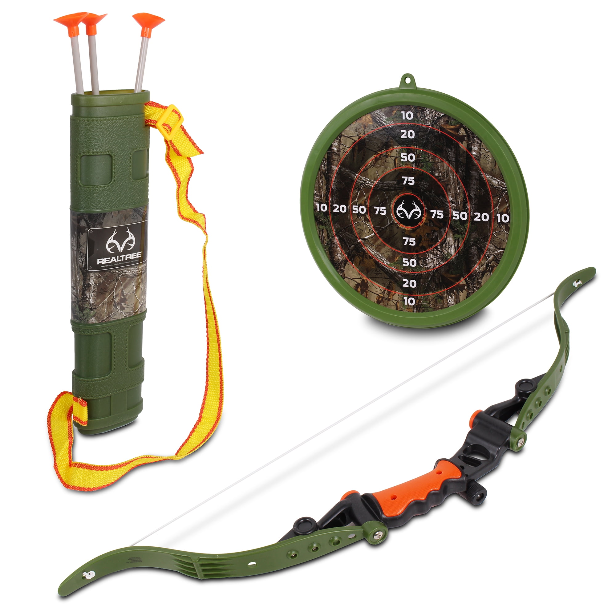 Realtree: Archery Set 25" Bow & Adjustable Quiver - Green/Orange NKOK, LED Scope, 3 Suction Tip Arrows & Target, Ages 8+ Each