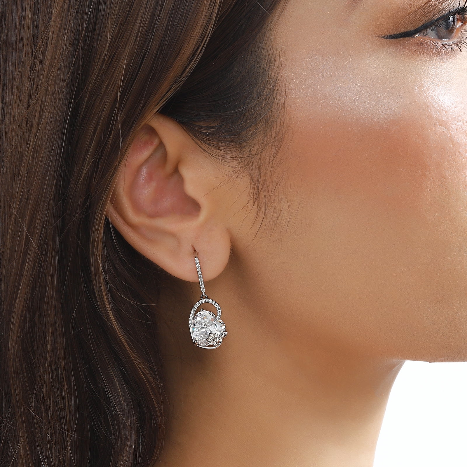 Juwaliy 925 Sterling Silver Earrings Women Heart April Birthstone Hook Dangle Earrings Diamond Rose Flower Wedding Bridal Jewelry Mom Valentine's Day Gift