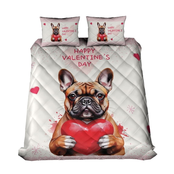 Happy Valentine's Day French Bulldog Brings Love Heart Quilt Bedding Set Dog Lover Gifts 1 Blanket Bed Cover 2 Pillowcases - 02028