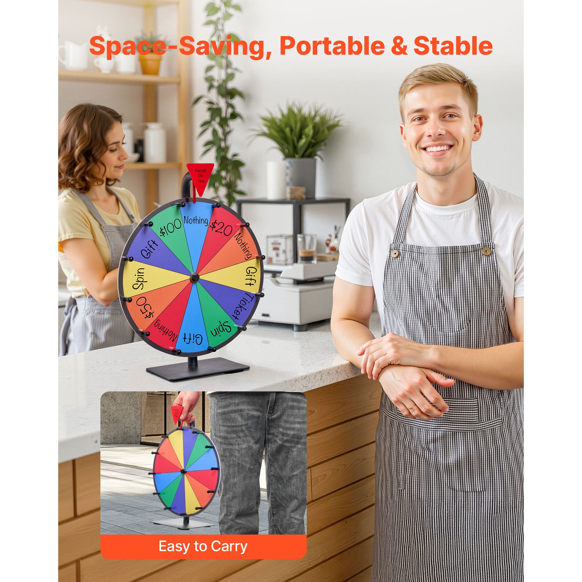 KFFKFF 12-Inch Spinning Prize Wheel with 12 Sections, Tabletop Roulette Game with Dry Erase Surface and Markers, 6-Color Design, Easy to Assemble, Ideal for Parties, Pubs, Trade Shows, and Carnivals