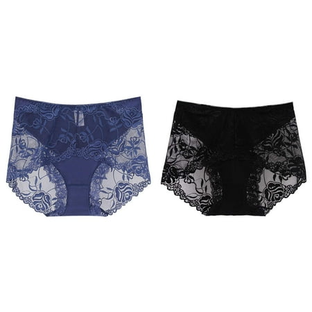 Lojoutye 2 Pack(Blue 1PCS & Black 1PCS) Multipack Ladies Cotton Underwear Size 12 Womens Mid High Waist Lace Panties Transparent Seamless Large Size Lift Briefs