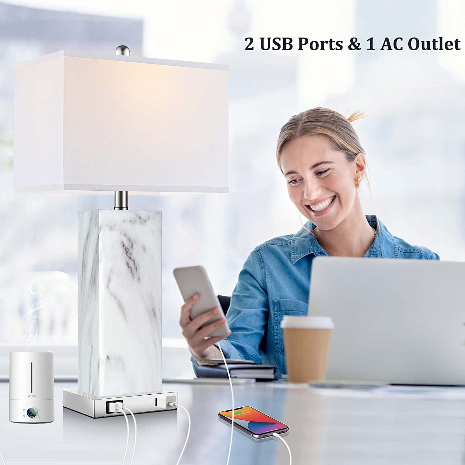 Partphoner Modern Ceramic Touch Control Table Lamp Set of 2 with 2 USB Ports, 3-Way Dimmable