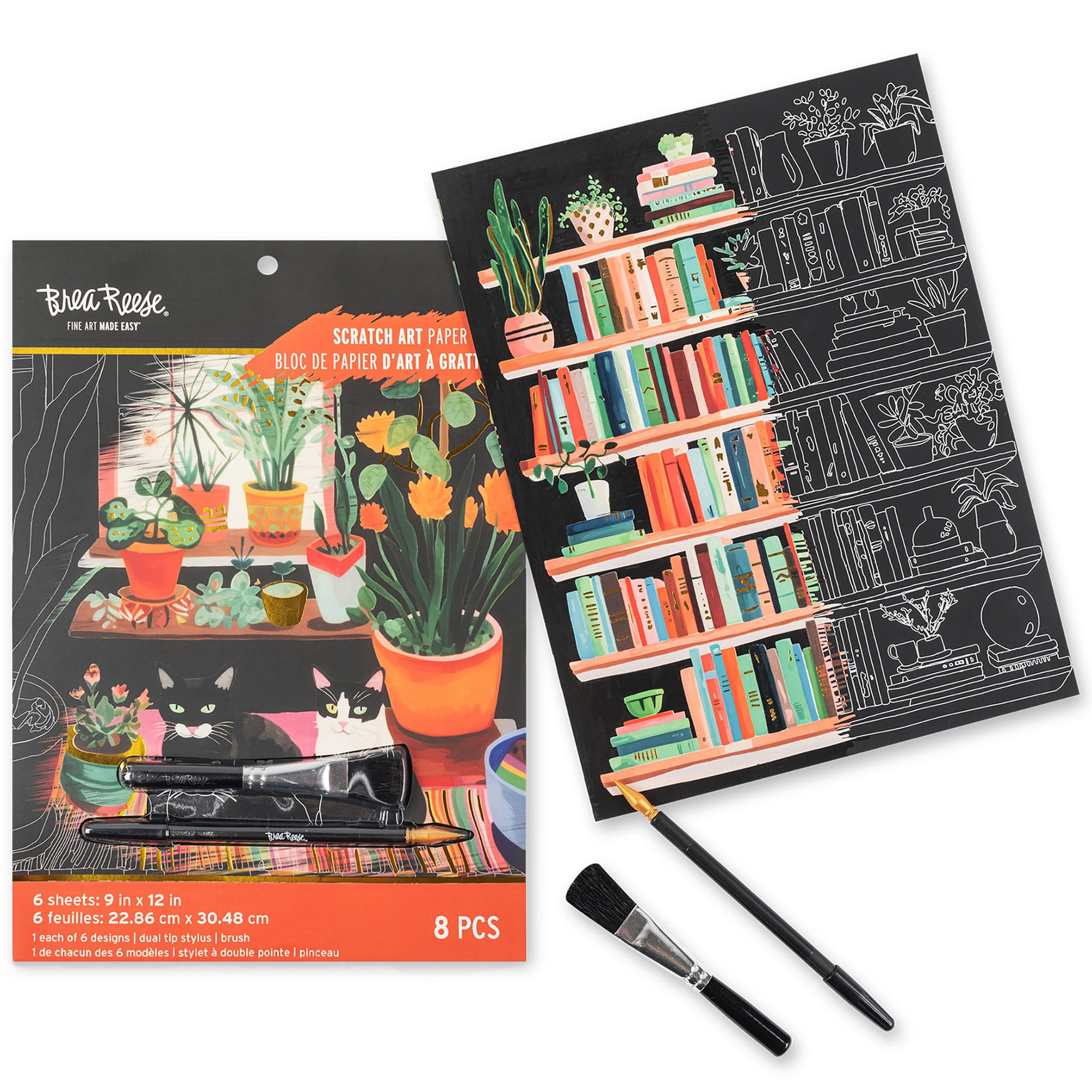 Brea Reese: Scratch Art Paper Pad - Cozy Cats - 6 Designs, Guided Art, Metallic Accents, Dual-Tip Stylus & Brush, 9x12" Pages, Adult Craft