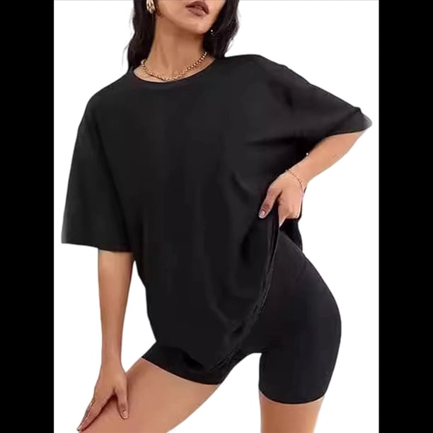 Camisetas de Gran Tamaño para Mujer, Corte Holgado, Cuello Redondo, Corta, Blusa Informal de Verano, Camiseta Básica Y2K para Playa Negro S