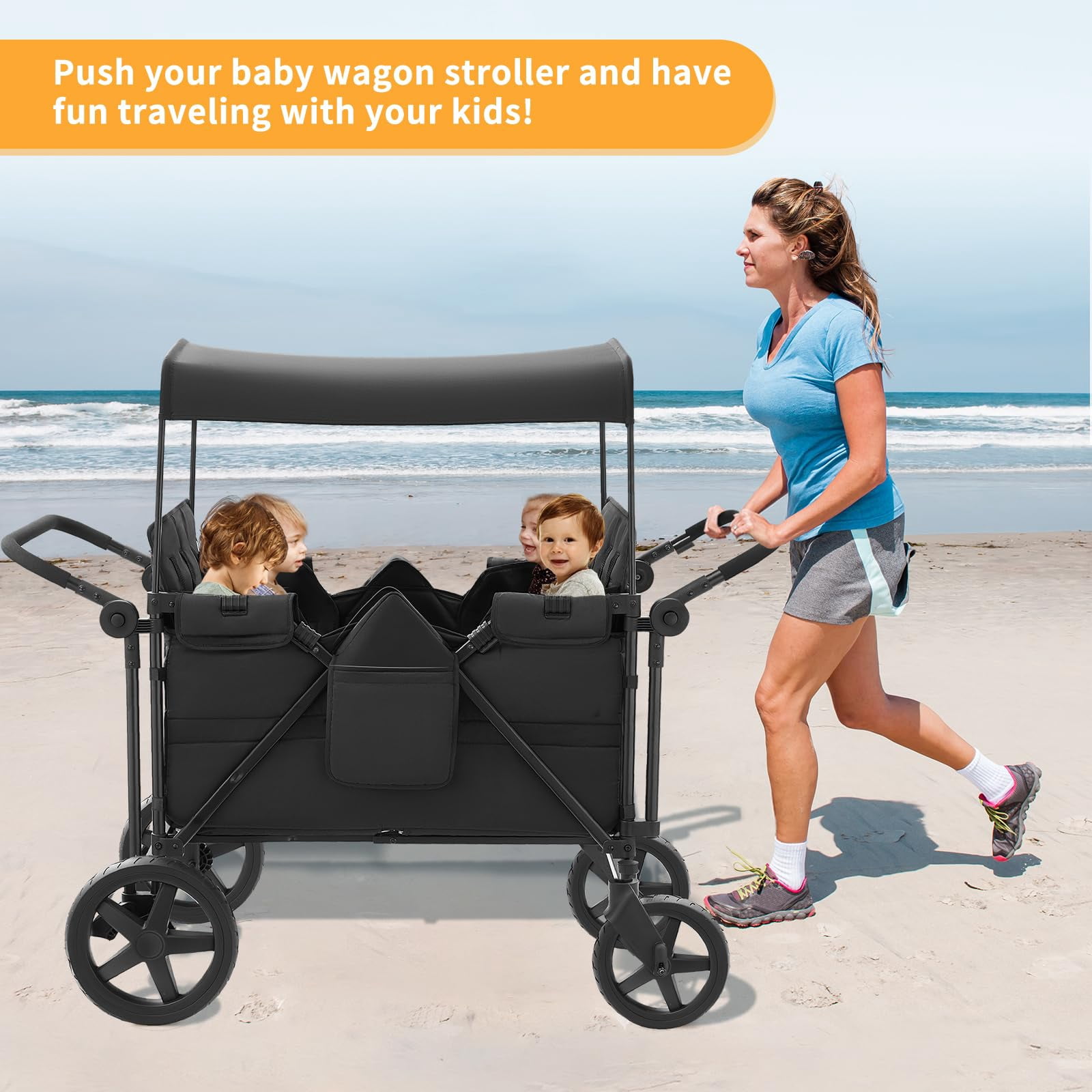 Linor Wagon Stroller for 4 Kids, Wagon Cart Featuring Snack Tray with Storage Bag and Adjustable Canopy, Foldable 4 Seater Wagon Stroller for Garden, Stroller, Camping