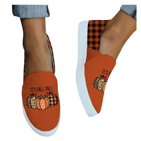 Oyedens Pumpkin Slip on Loafers for Women Casual Low Top Canvas Shoes Women s Walking Flats
