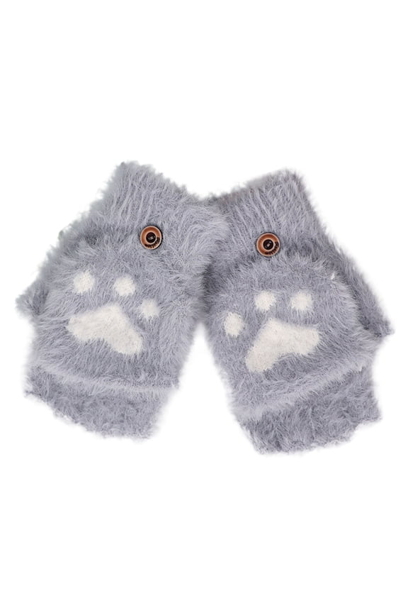 Winter Children's Half Finger Flip Cartoon Gloves for Students Thickened and Warm for Autumn and Winter Grey,7-18 Years